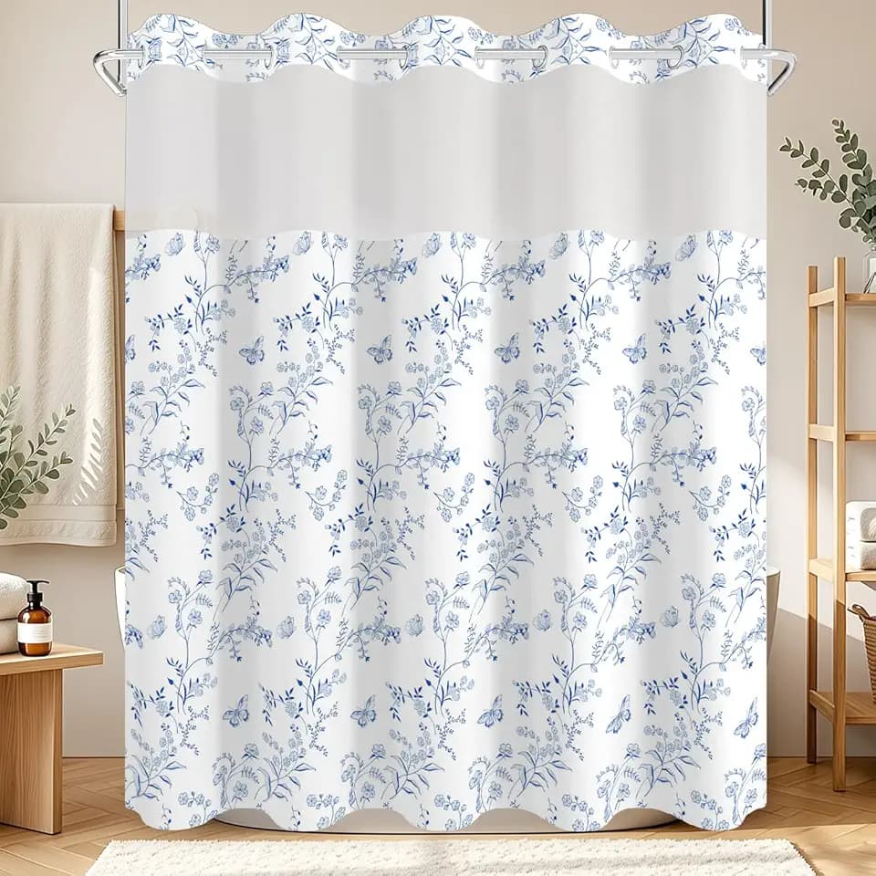 Boho Floral No Hook Shower Curtain with Snap in Liner Set 71x74 in