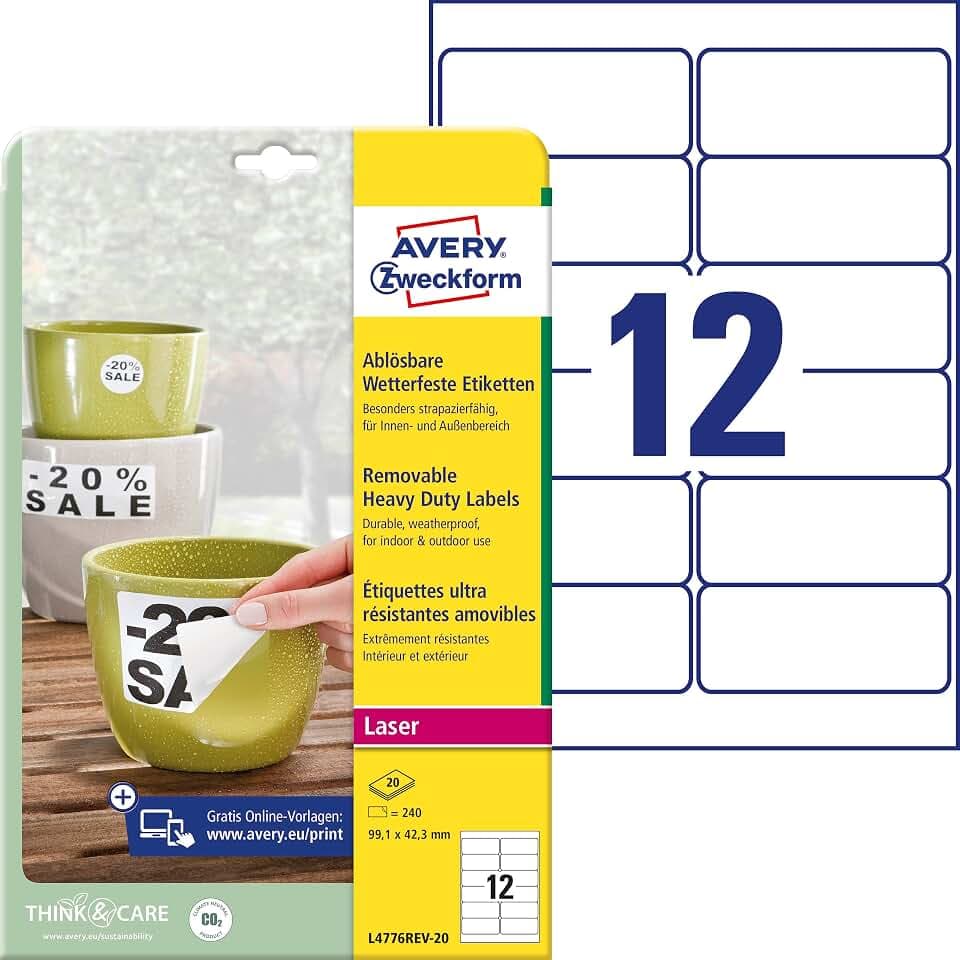 AVERY Zweckform L4776REV-20 Wetterfeste Folienetiketten (240 Aufkleber, 99,1x42,3mm auf A4, selbstklebend, wasserfest, wiederablösbar, strapazierfähig, bedruckbare Outdoor Klebefolie) 20 Blatt, weiß