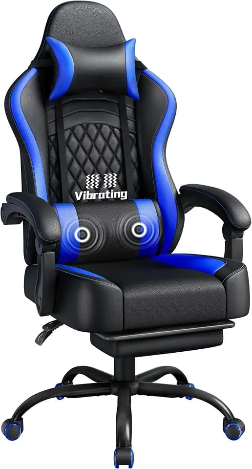 Yaheetech Gaming Stuhl Massage, Ergonomischer Gaming-Stuhl mit Massagefunktion & Ausziehbarer Fußstütze, Verstellbare Rückenlehne, Höhenverstellbar, PC-Stuhl Computerstuhl Drehsessel (Schwarz & Blau)