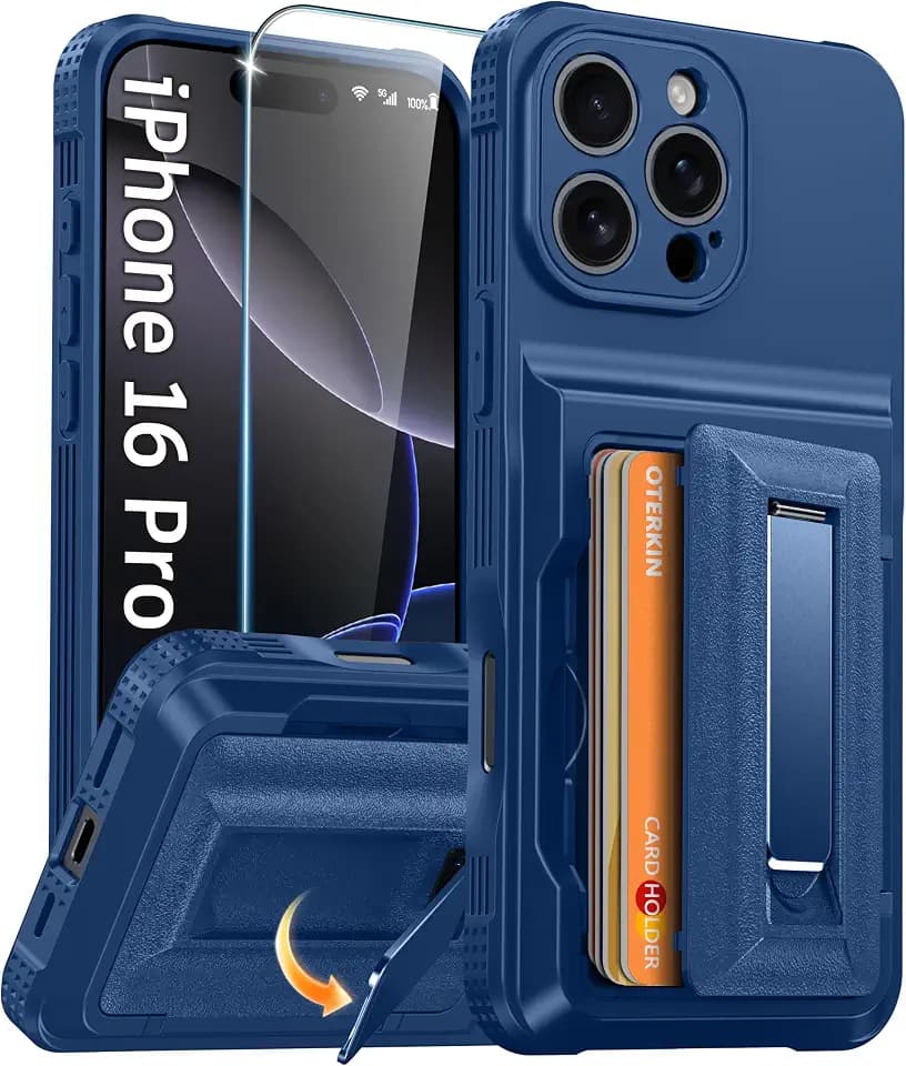 Oterkin for iPhone 16 Pro Case with Card Holder & Metal Kickstand, Blue