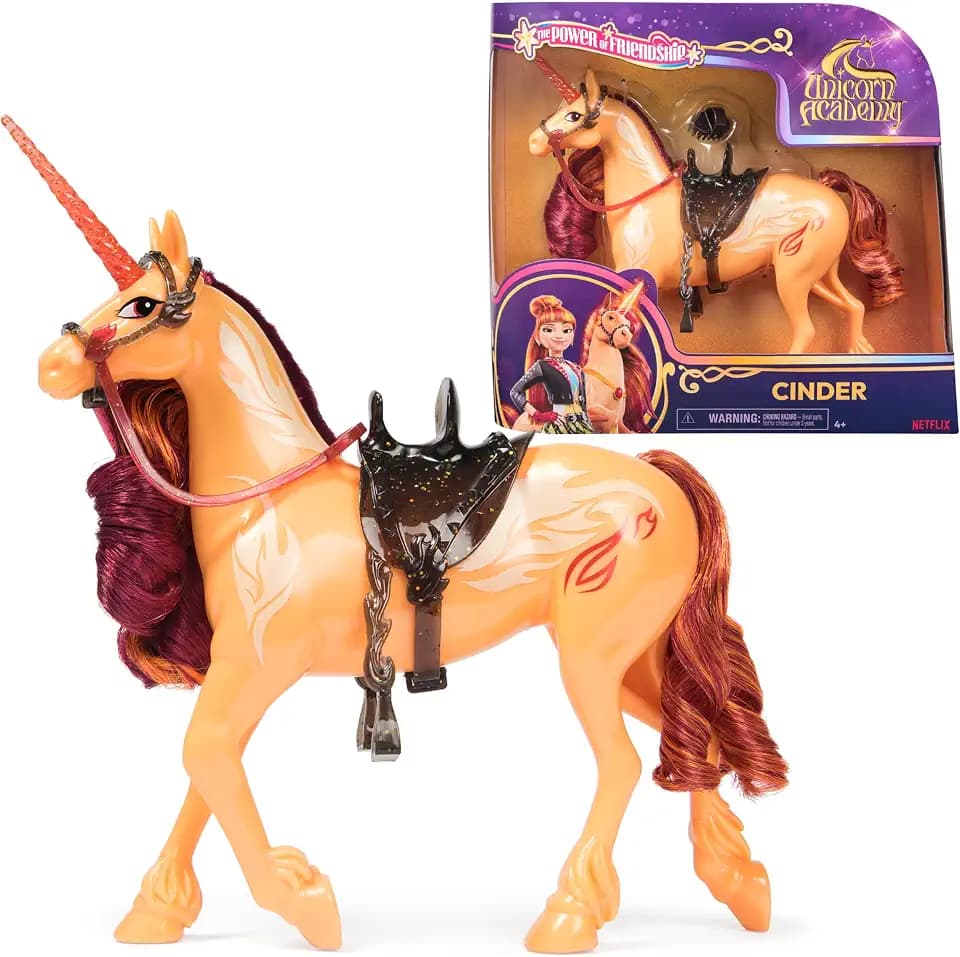 Unicorn Academy Einhorn Cinder - 28 cm groß, Original-Einhorn von Valentina zur Netflix-Serie, mit echter Mähne und Schweif, abnehmbarem Zaumzeug und Sattel sowie Bürste, für Kinder ab 4 Jahren