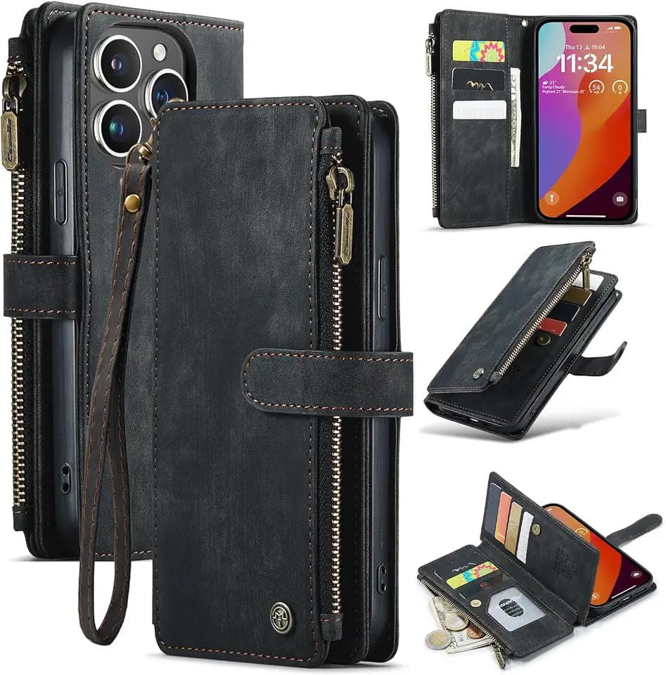 UEEBAI Hülle für iPhone 16 Pro Max, Premium PU Lederhülle, Schwarz