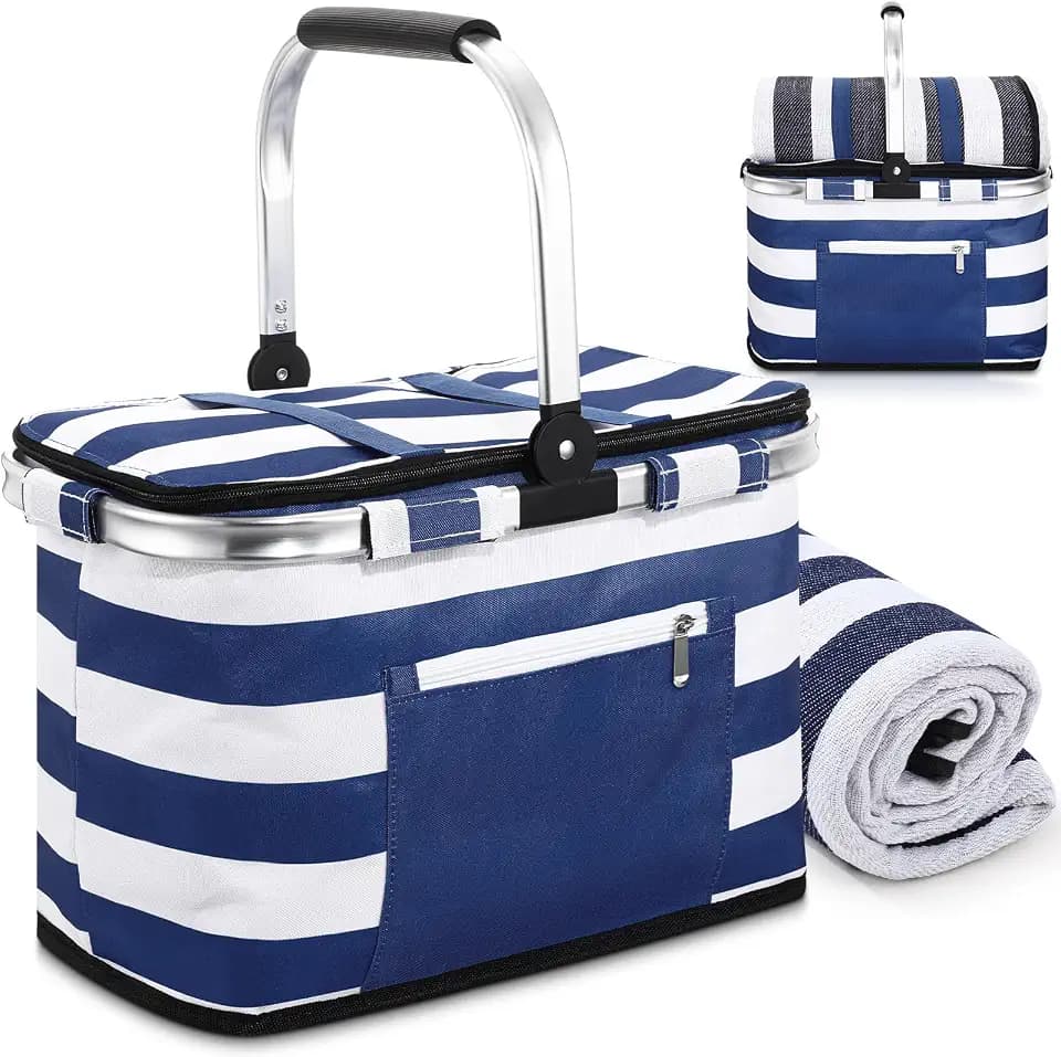 Teenyyou 35L Large Insulated Picnic Basket with Blankets Kit Shopping Basket Cooler Bag Leakproof Collapsible Portable Suitable for Picnic Camping Work Hiking Food Delivery Gifts(Blue Stripes)