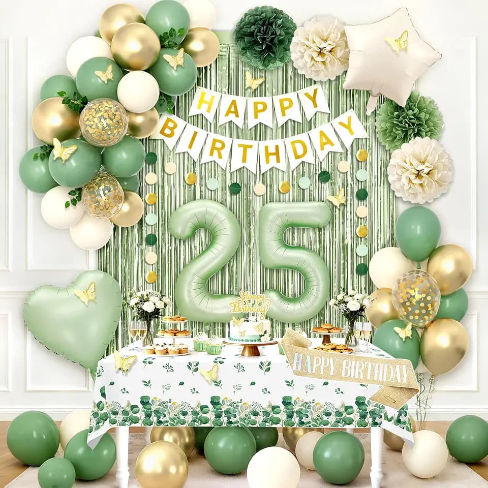 25th Birthday Birthday Decorations for Women, Sage Green Party Packs