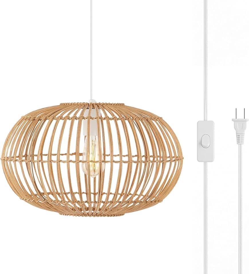 JONATHAN Y Leo 1-Light Rattan Swag Pendant Hardwired Plug-in 17.5", Brown