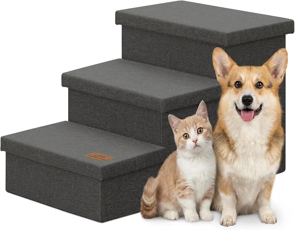 Zerbuger Dog Stairs with Storage, Dark Grey 3 Steps Dog Ramp no Condo