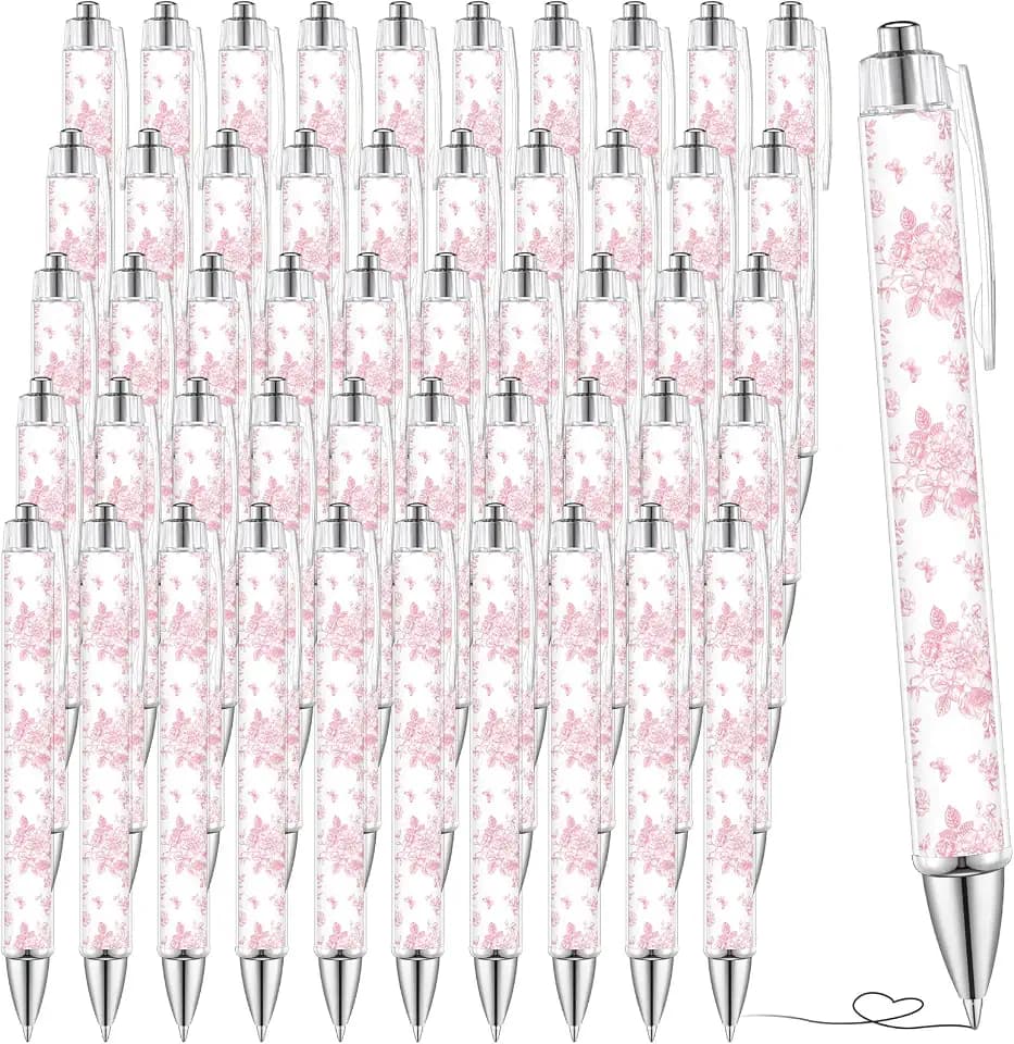 Tenceur 50 Pcs Pink and White Floral Ballpoint Pens Pink Flower Fancy Pens Porcelain for Wedding Baby Bridal Shower Party Gift 1.00 mm Black Ink Butterfly Writing for Office Supplies Journaling