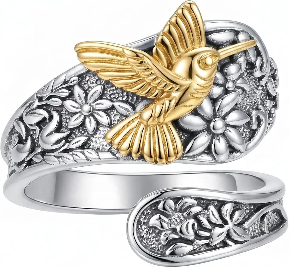 Hummingbird Ring 18K Gold Plated Vintage Adjustable Hummingbird Spoon Ring Animal Jewerly Gift for Women