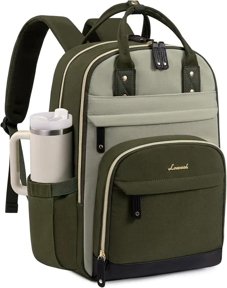 LOVEVOOK Laptop Backpack Women with Giant Cup Holder,15.6 inch Work Travel Backpack Computer Laptop Bag,Cute College Nurse Teacher Backpack Purse,Gift for Women & Men,Olive green-Bean green-Kelp green