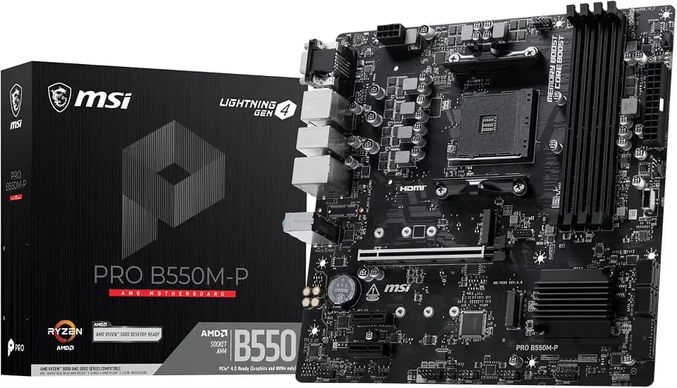 MSI PRO B550M-P Motherboard, mATX - Supports AMD Ryzen 5000/5000 G-Series, 4000 G-Series, 3000/3000 G-Series Desktop Processors, AM4 - DDR4 Memory Boost (up to 4400+ MT/s OC), PCIe 4.0 x16, M.2 Gen4