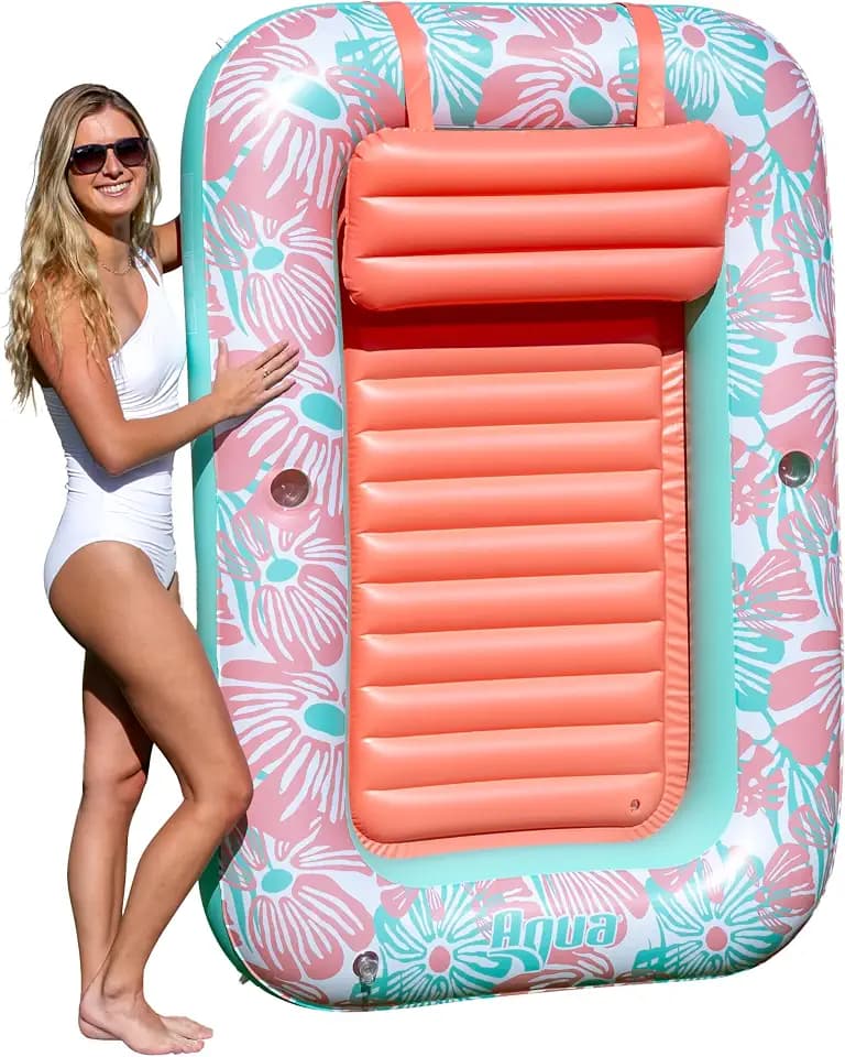 Aqua Inflatable Tanning Pool Lounger, Premium Pool Float with Cupholders and Removeable Pillow for Relaxation and Fun