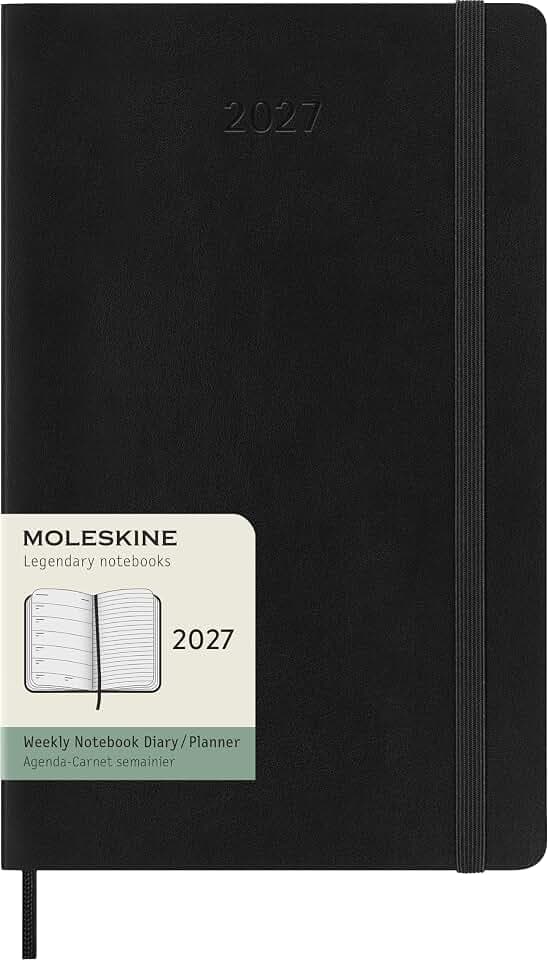 Moleskine Wochenkalender 2027, 12-Monats-Planer mit Platz für Notizen, Softcover, Elastischer Verschluss, Format Large 13x21 Cm, Farbe Schwarz