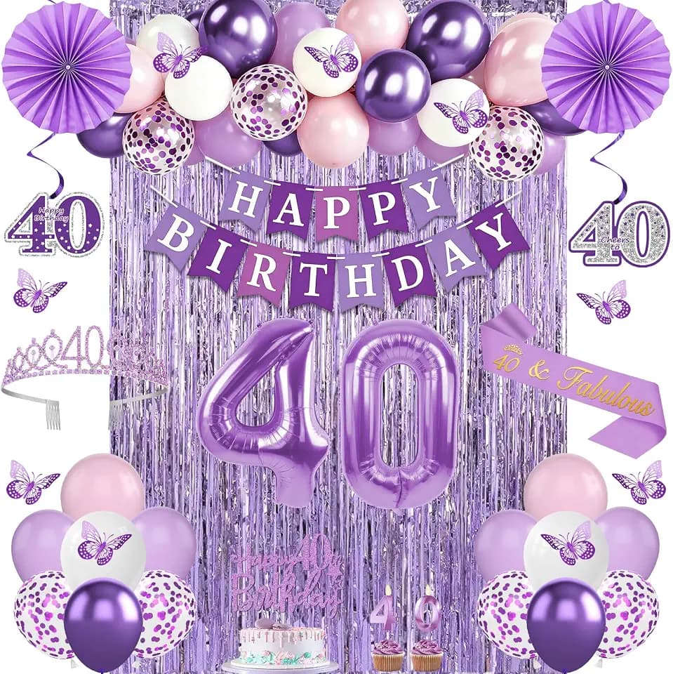 40th Birthday Decorations for Women, 52pcs Purple Happy 40th Birthday Decorations Women, 40 Sash and Crown, Banner, Fringe Curtains, Hanging Paper Fans, Hanging Swirls, Cake Topper, Candles