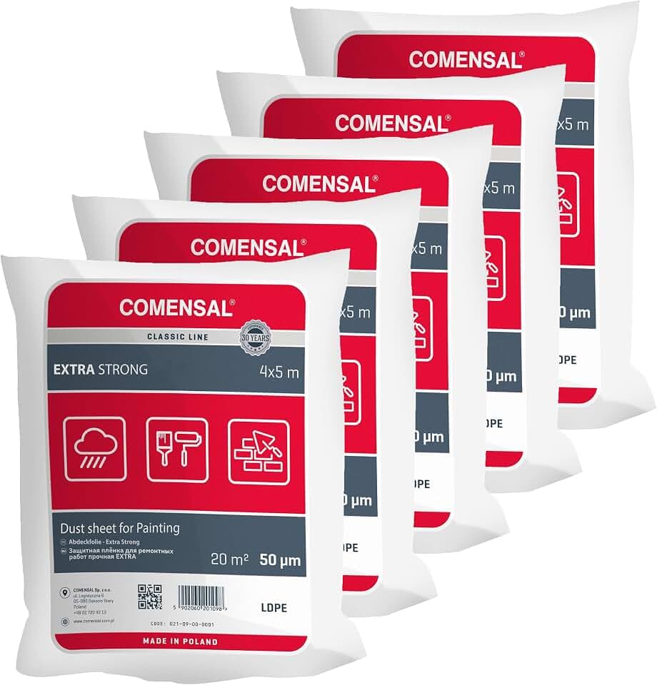 COMENSAL® Set 5 teilig Malerabdeckfolie Extra Strong 50 µm - Staubschutzfolie - Abdeckplane für Malerarbeiten - Extra Stark - Extrem Reißfest - Made in EU - 4x5m