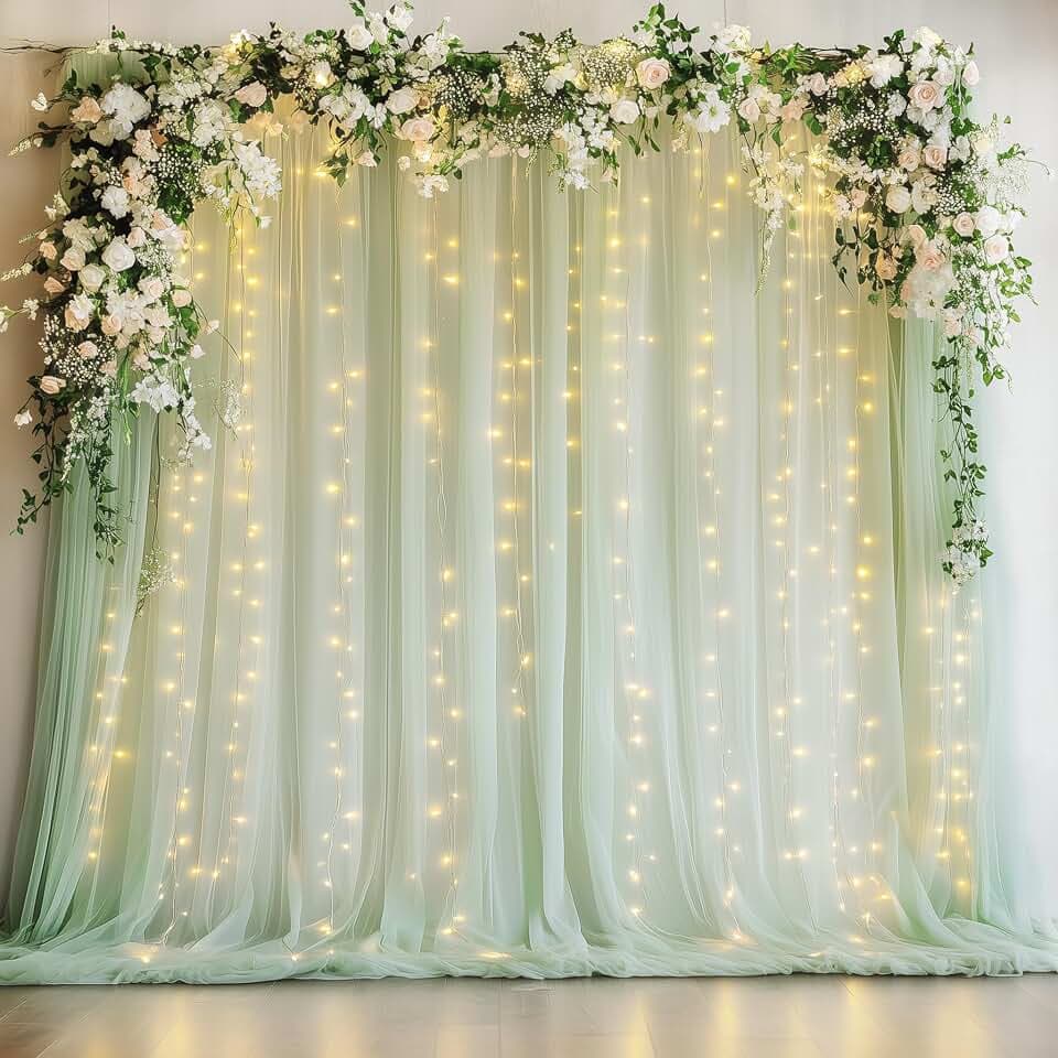 Fomcet Tulle Backdrop Curtains with Lights Sage Green 10x8ft Sheer Curtain