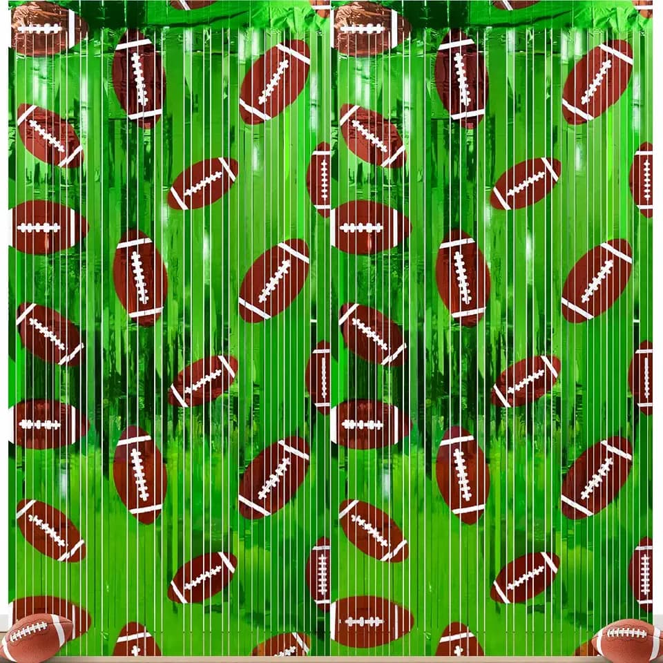 Football Party Decorations, Thickened Tinsel Backdrop 3.3 x 6.6 FT, Sports Themed Foil Fringe Curtains for Birthday Decorations, Football Party Supplies (2 Pack)