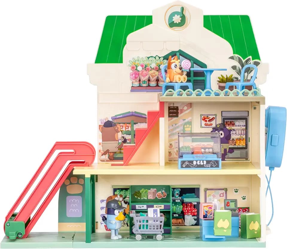 Bluey and Bingo Supermarket Playset, Escalator & Sounds, 15 Pieces