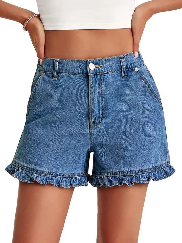 Aoysky Womens Summer Ruffle Denim Shorts Cute High Waisted Cotton Short Jeans with Pockets
