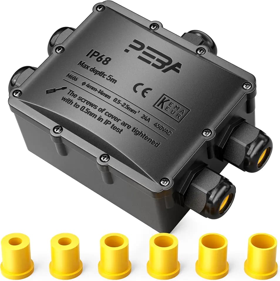 PEBA IP68 Waterproof Junction Box, 5-Way Outdoor Electrical Wire Connector for Cable Splice, Fits 4-14mm O.D. Cables (0.16"-0.55"), for Landscape Lighting, Outdoor & Underground Use, Black