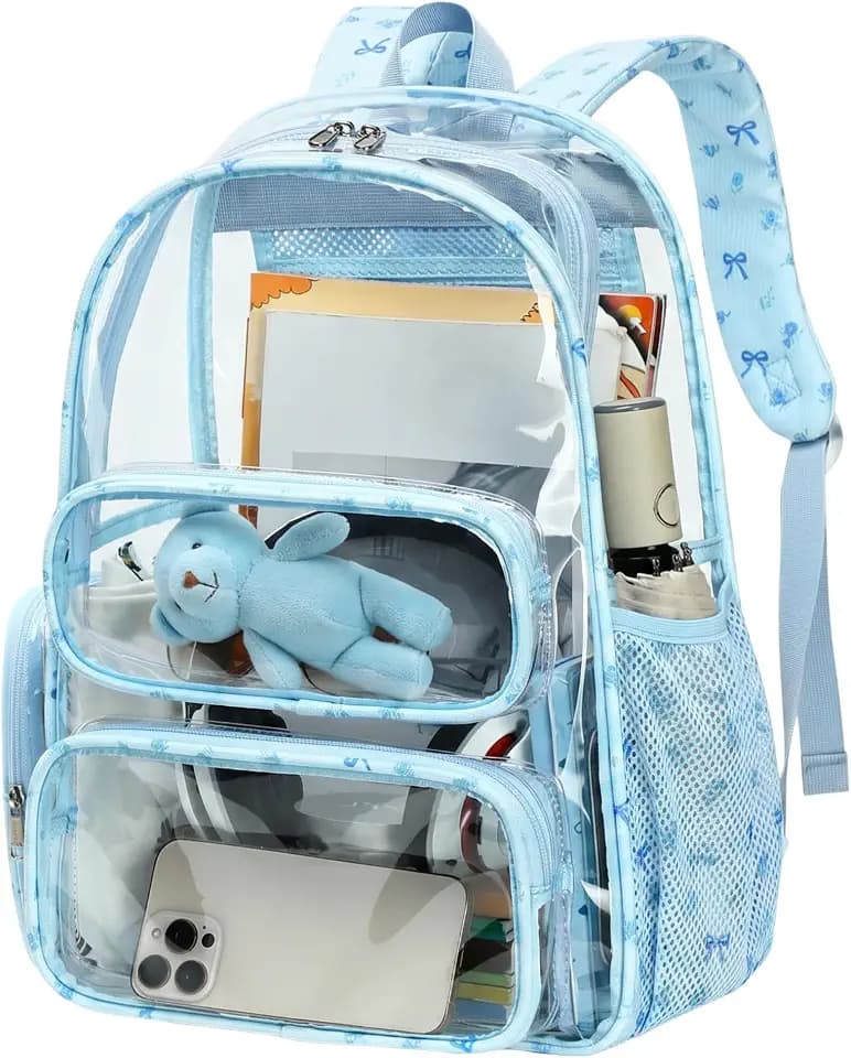 BTOOP Clear Backpack Heavy Duty Transparent Backpack 17" See Through Bookbag for College Work Festival Security Padded Strap (blue bow floral)