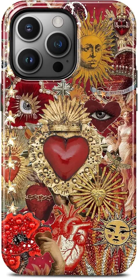 for iPhone 15 Pro Case, Vintage Sacred Heart Sun Collage Phone Case, Compatible with Magsafe, Trendy Red Mosaic Celestial Evil Eye Magnetic Slim Shockproof Protective Women Girl Men Cover