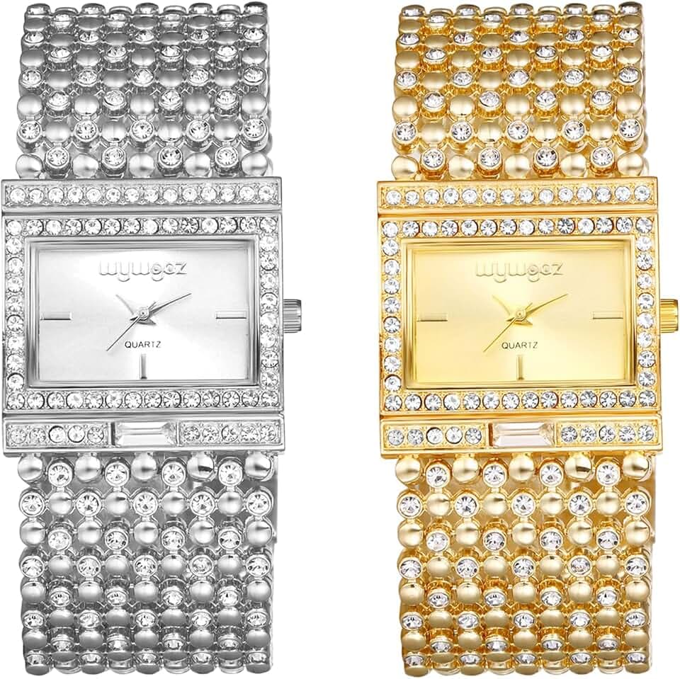 JewelryWe Damen Uhren Elegant Analog Quarz Armbanduhr Strass Rechteckig Beiläufige Uhr mit dreifach Panzerkette Armband