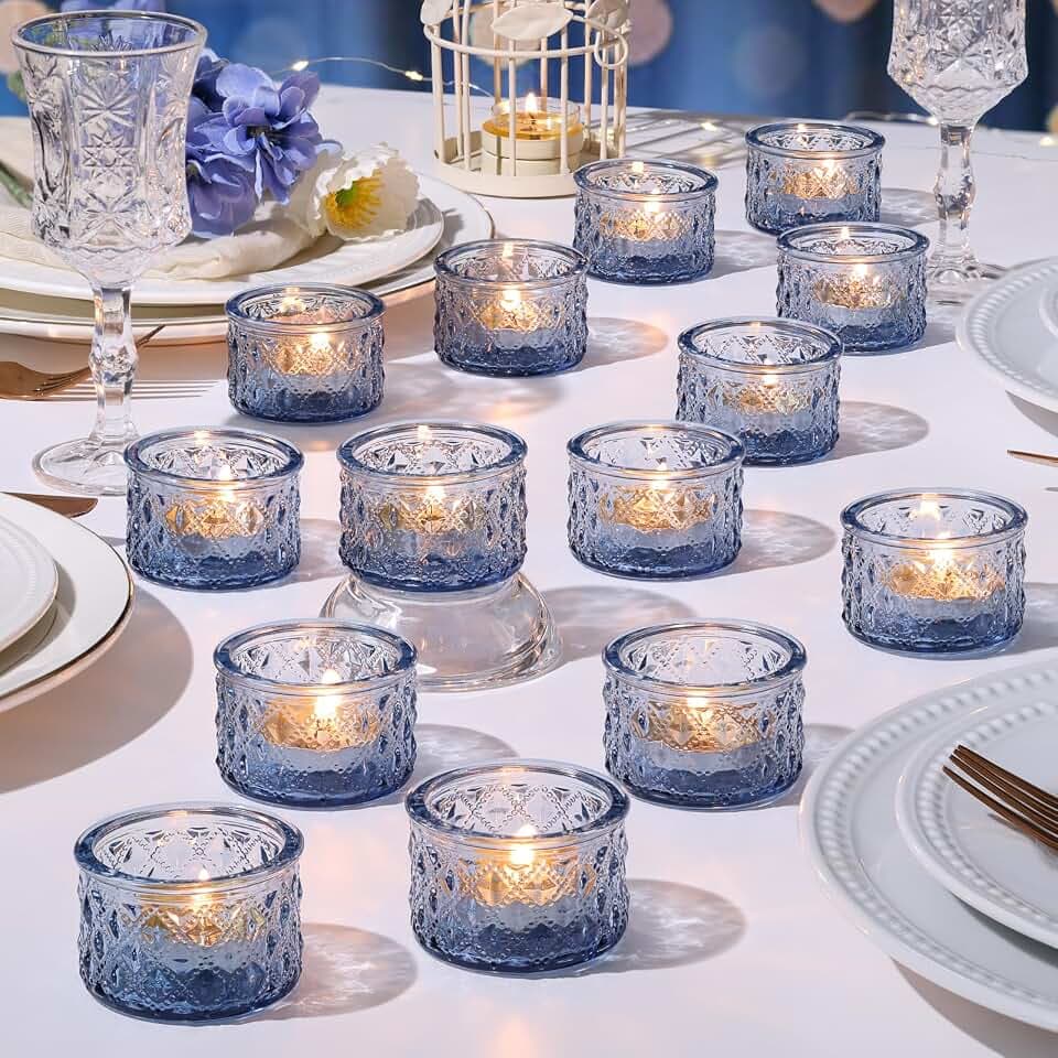 24 Pack Blue Tealight Candle Holders, Glass Votive Candle Holders Bulk