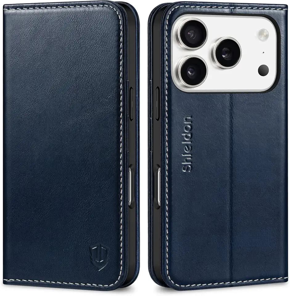SHIELDON Leather Case Wallet for iPhone 18 Pro/17 Pro 6.3", Retro Dark Blue
