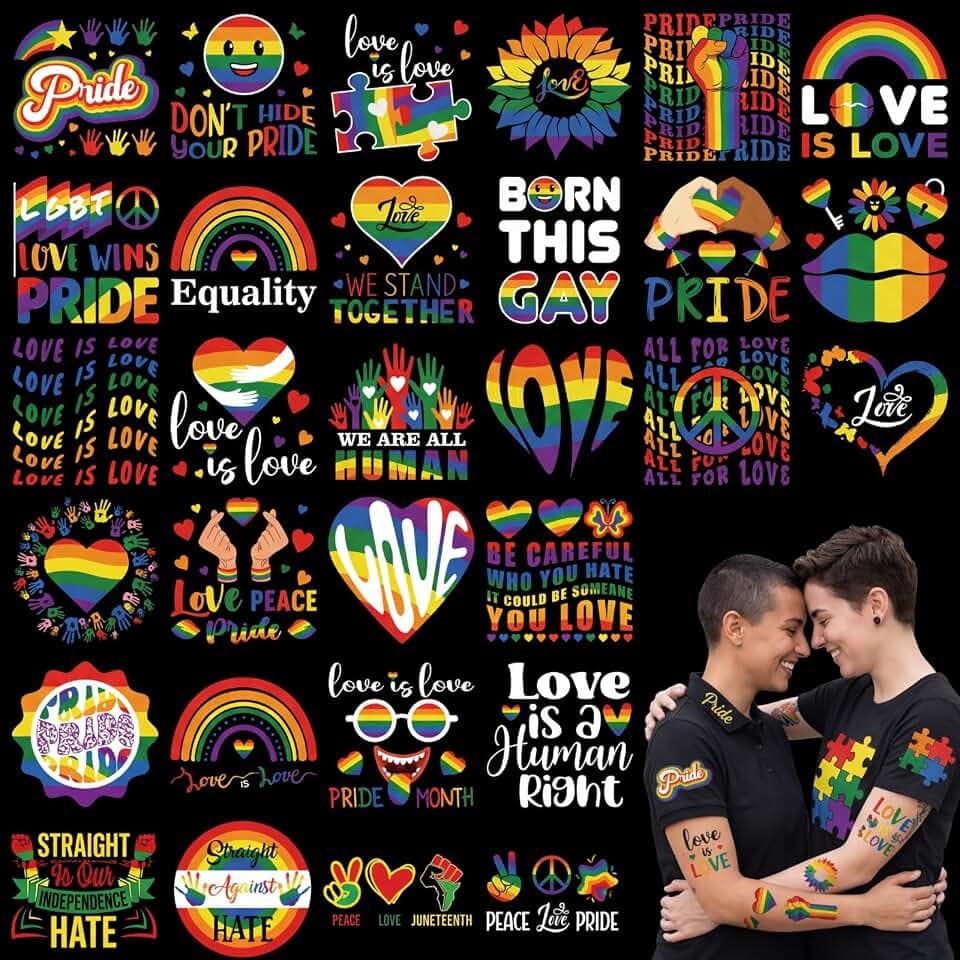 Resurhang 30 Sheets Pride Iron on Transfers LGBT Rainbow Iron on Decals Pride Day Patches Love is Love Decor Press Heat Transfer Stickers for Clothing T Shirts Jeans Hat