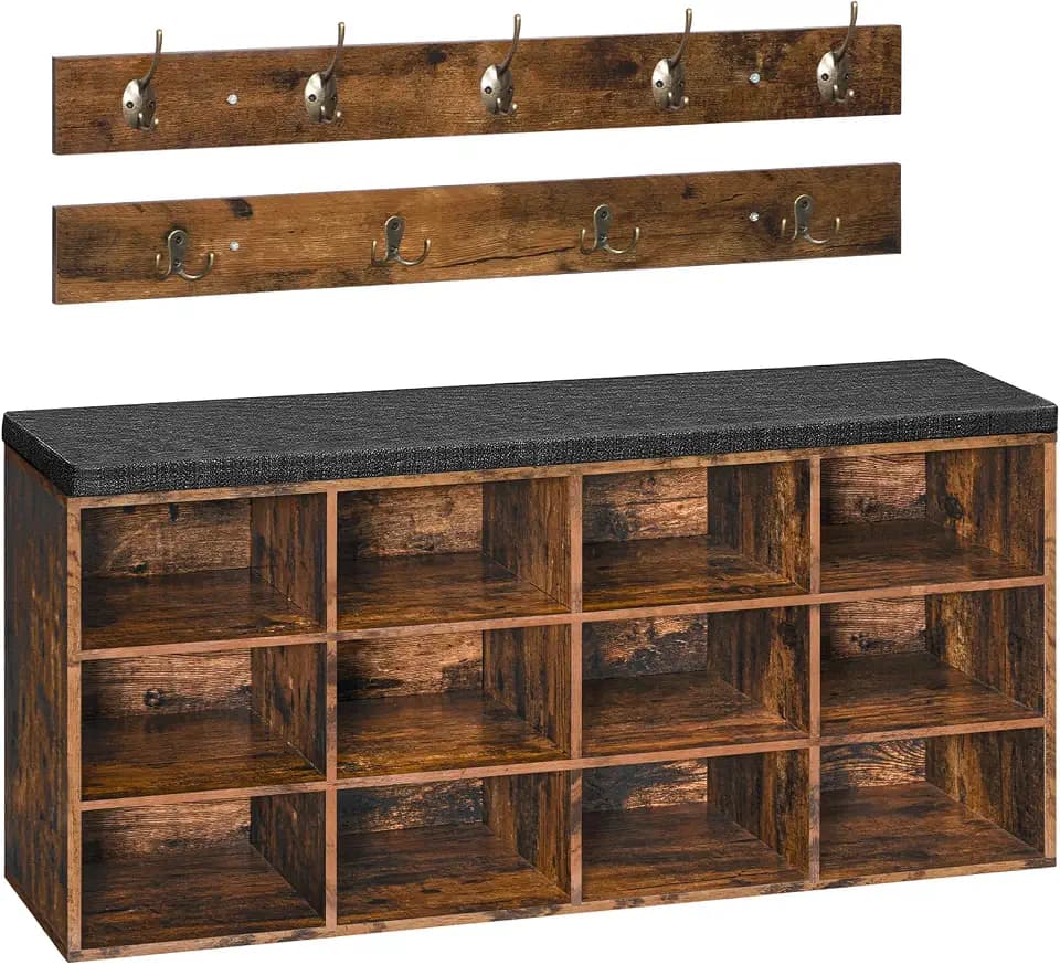 HOOBRO Garderobe Schuhregal Set, Schuhbank mit 12 Fächern, Schuhregal mit gepolsterter Sitzbank, Wandgarderobe mit 9 Haken, Schuhschrank für, Eingangsbereich, Schlafzimmer Vintagebraun EBF112HX01G1