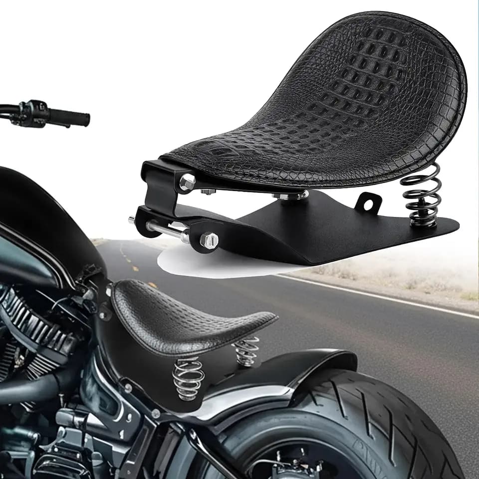 Bobber Motorcycle Solo Seat with Springs, Crocodile Pattern, Black