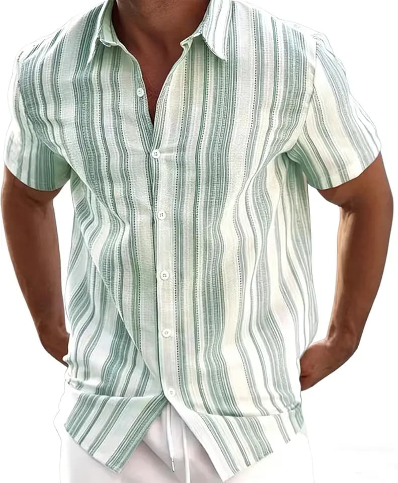 Men's Lightweight Striped Shirt Loose Fit Breathable Summer Casual Short Sleeve Button Down Shirt for Beach Vacation