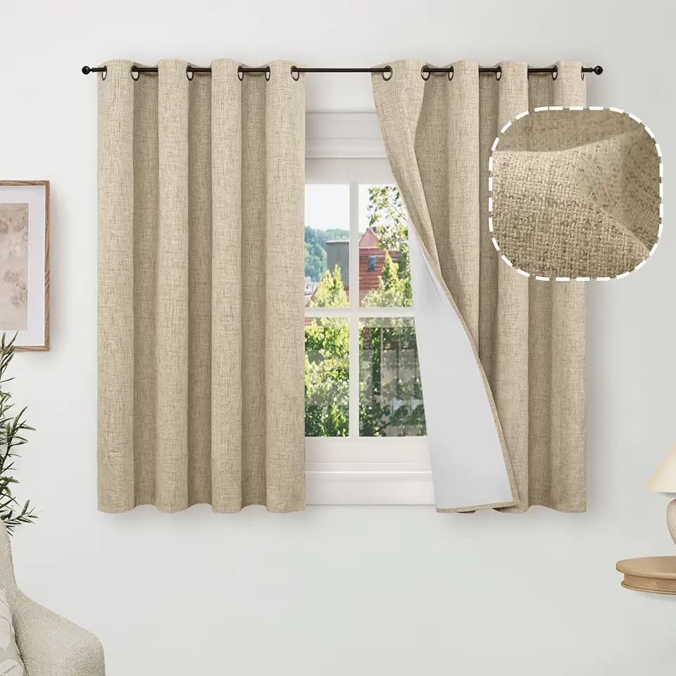 Lajode Linen Blackout Curtains 45 Inches Long, 2 Panels Each 52 Wide Burlap