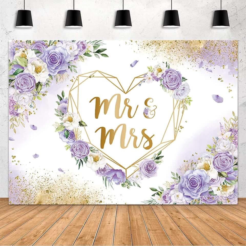 MEHOFOND 7x5ft Mr & Mrs Backdrop for Bridal Shower Purple and White Floral Photography Background Hearts Geometric Couple Wedding Party Decorations Bride to Be Engagement Banner Photo Studio Props