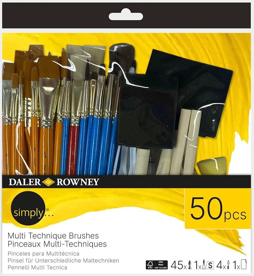 Daler-Rowney Simply, Multi-Technik-Pinsel, steifes Synthetikhaar, Sortiment mit 50 Pinseln