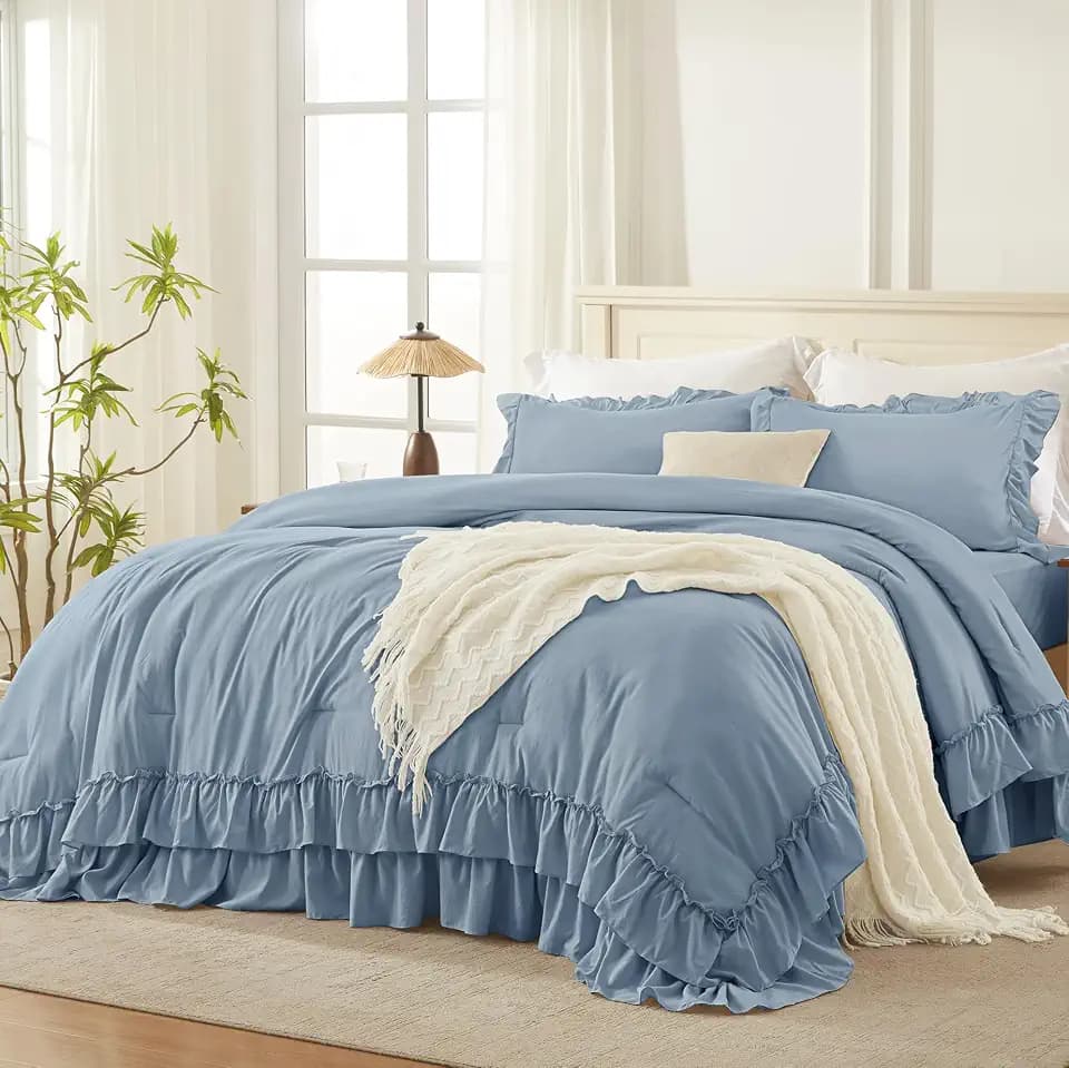 Andency Grayish Blue Ruffle Super King Comforter Set, 3 Pieces