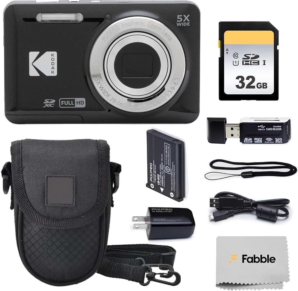 KODAK PIXPRO FZ55 16MP Digital Point & Shoot Camera, 5X Optical Zoom, 28mm Wide Angle, 1080P Full HD Video, Bundle with 32GB SD Card, Protective Case, and Hi-Speed Card Reader (Black)