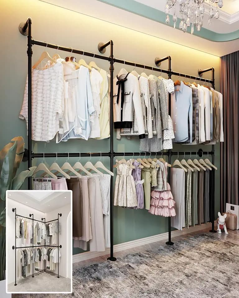Industrial Pipe Garment Rack 106.3" L-Shaped Wall-Mounted Closet System