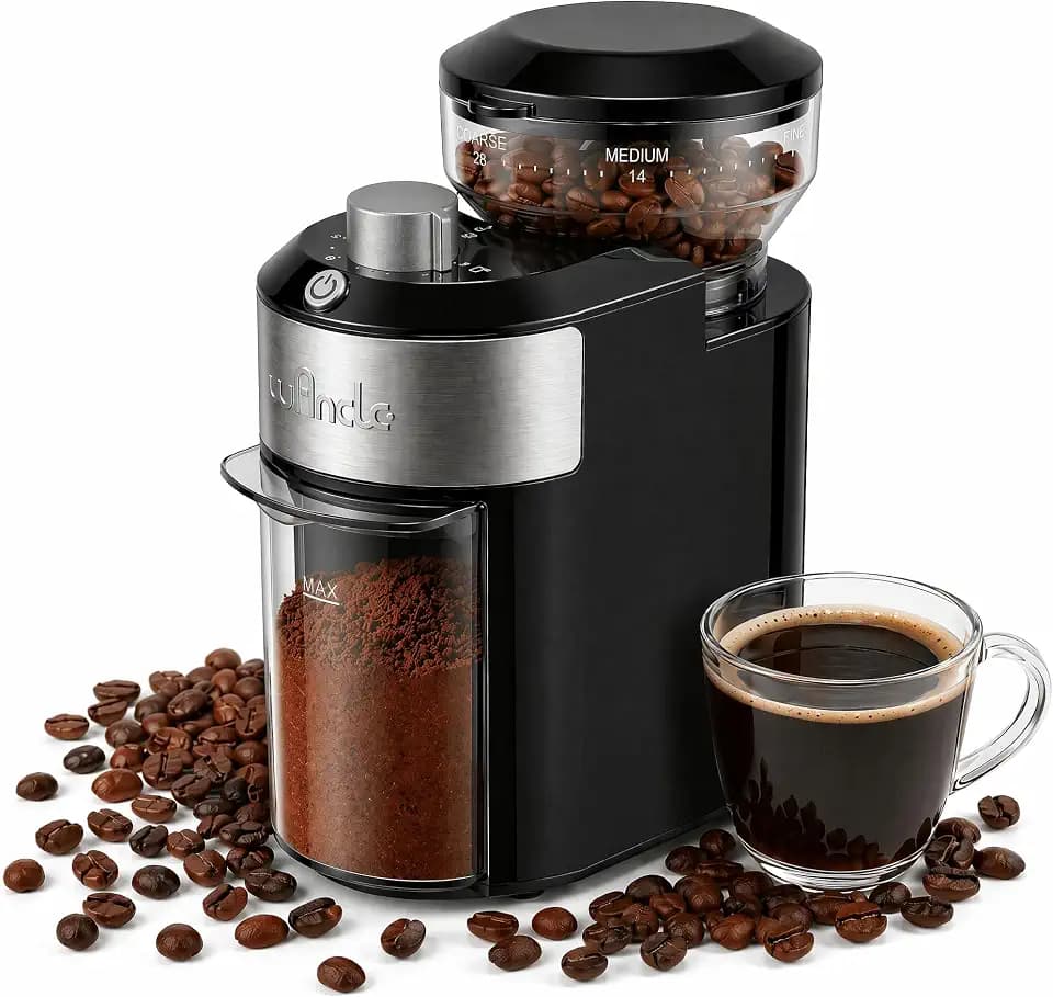 Wancle Kaffeemühle Elektrisch, 28 Mahlgrade, 220-240V, Für 2-12 Tassen, Gleichmäßiges Mahlen, Weniger statische Aufladung, Für Espresso, Filterkaffee, French Press, Leicht zu Reinigen