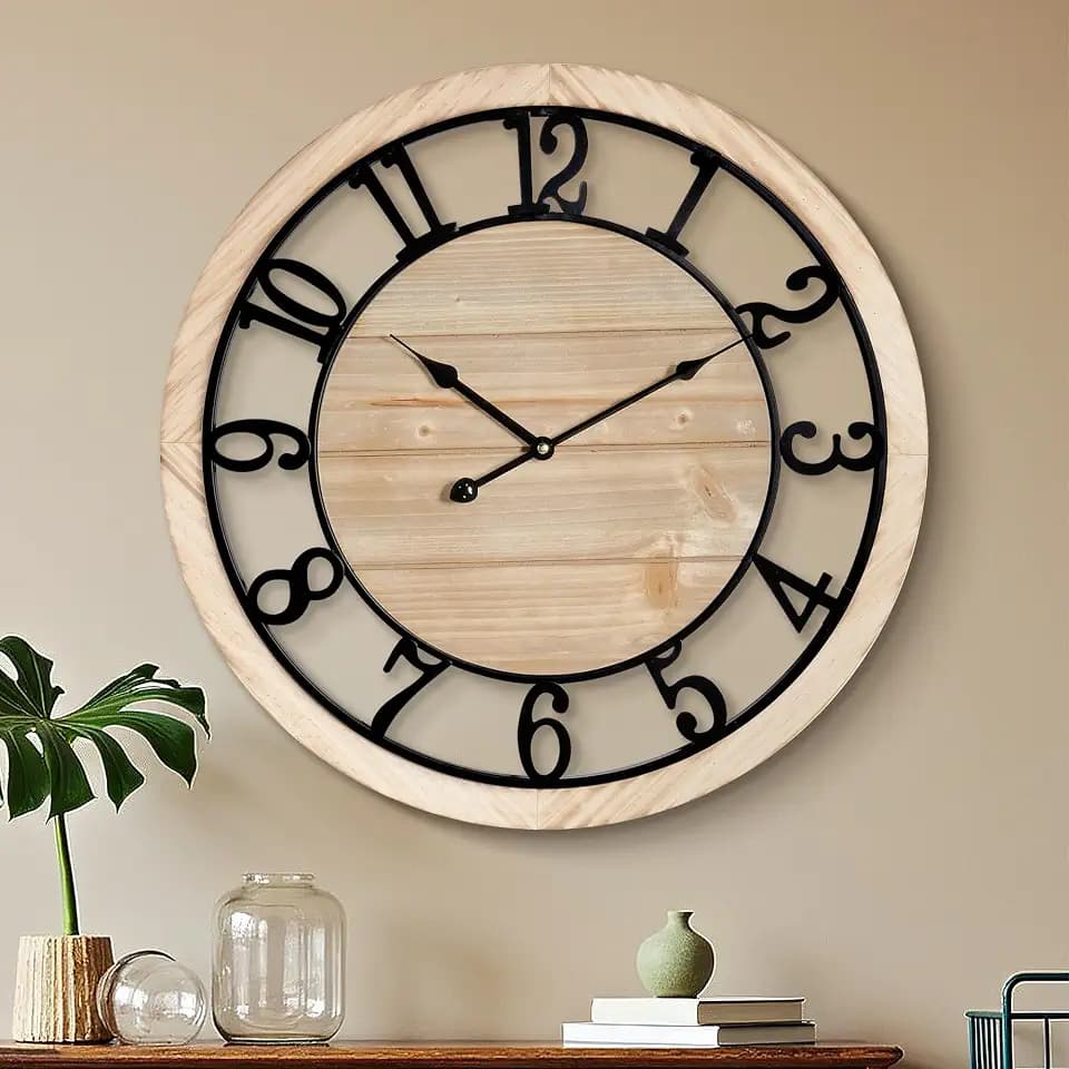 Maxstar Wanduhr Groß im Landhausstil, 76 cm Vintage Wanduhr Holz mit Metallrahmen, ohne Tickgeräusche für Schlafzimmer, Küche, Büro und Schule, mit arabischen Ziffern