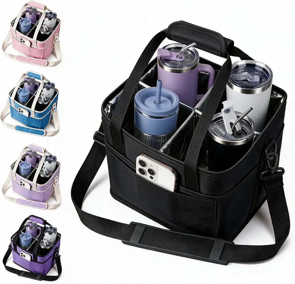 Drink Caddy for Cups, Insulated Drink Carrier with Strap, Drink Carrier Bag