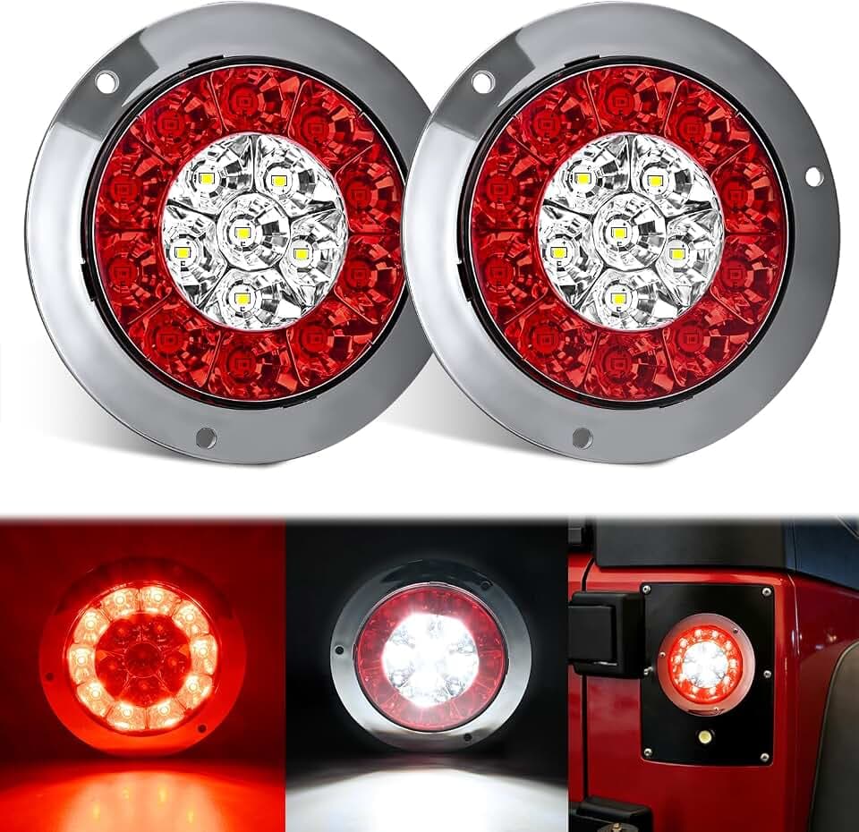 Nilight Trailer Tail Lights 2PCS 4Inch Round 16LED Red White Chrome