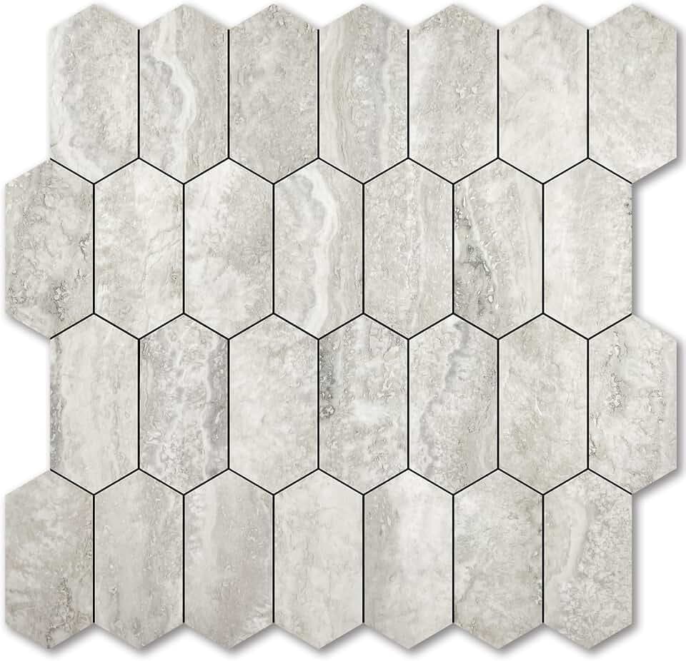 Vamos Tile Long Hexagon Peel and Stick Backsplash Tile - 10 Sheets Stick on Backsplash for Kitchen and Bathroom 12.4 x 12 Inch Beige Slate Look PVC Self Adhesive Mosaic Wall Tiles
