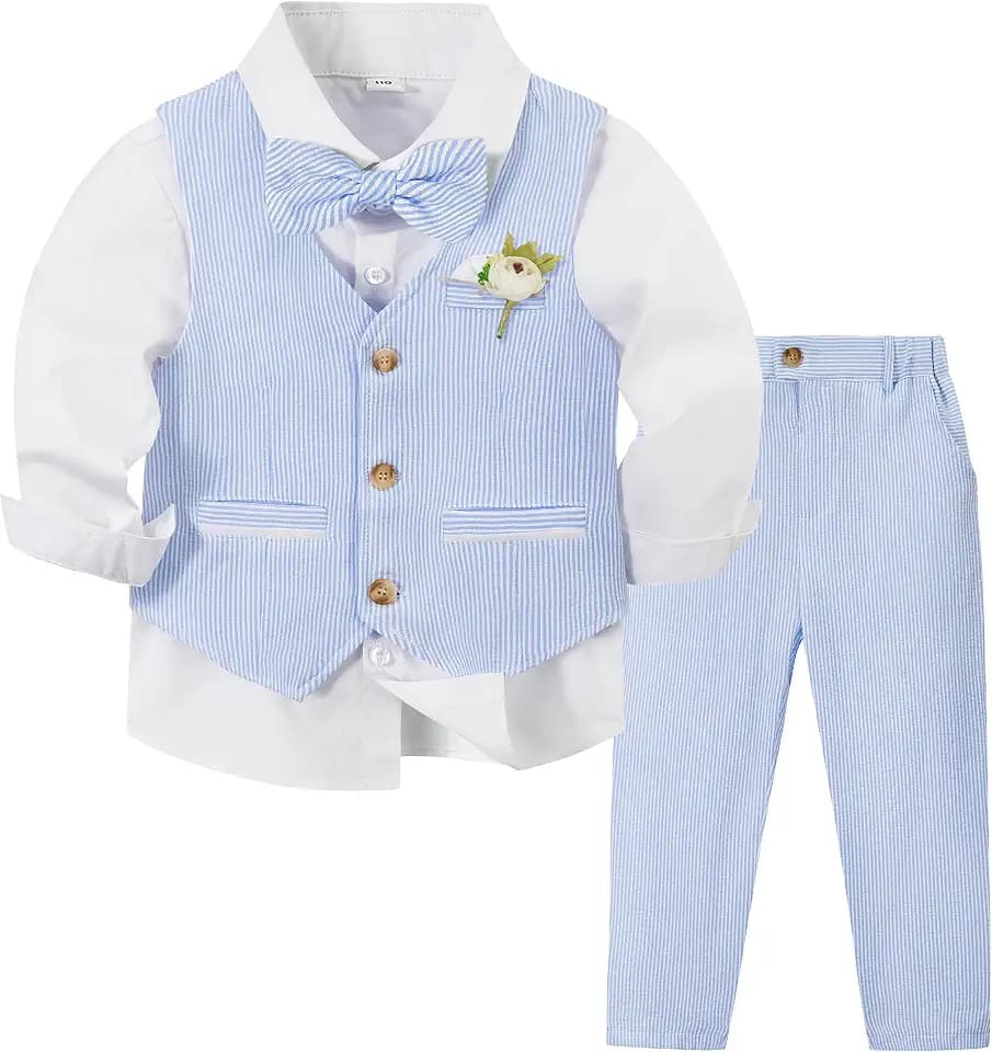 Volunboy Baby Jungen Anzug, 5-TLG Elegantes Hochzeit-Set mit Weste, Hemd, Hose, Boutonnière und Papillon