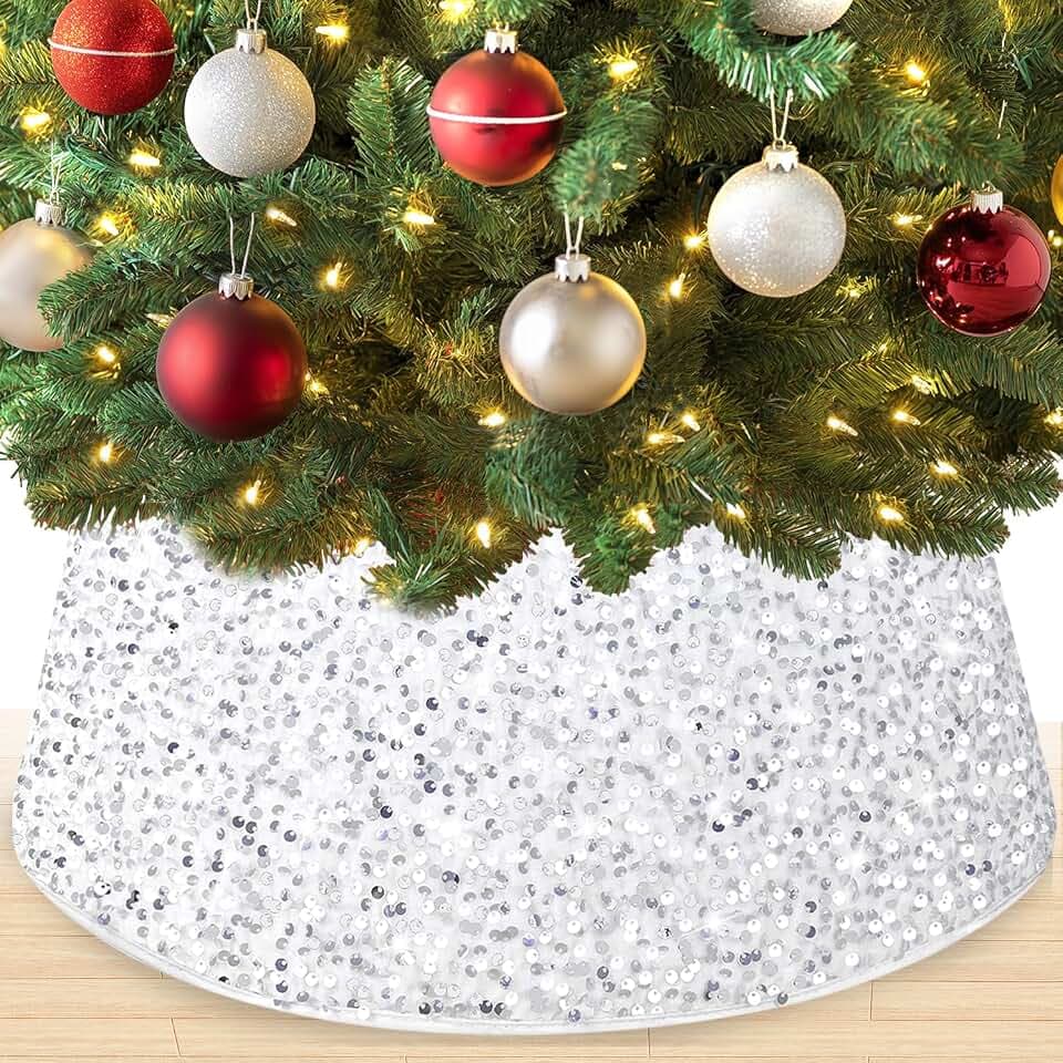 White Tree Collar 28.8 Inch Sequin Christmas Tree Base Cover Velvet Glitter Christmas Tree Skirt Embroidered Fabric Tree Stand Cover Metallic Modern Tree Collar Basket for Xmas Decor Supplies