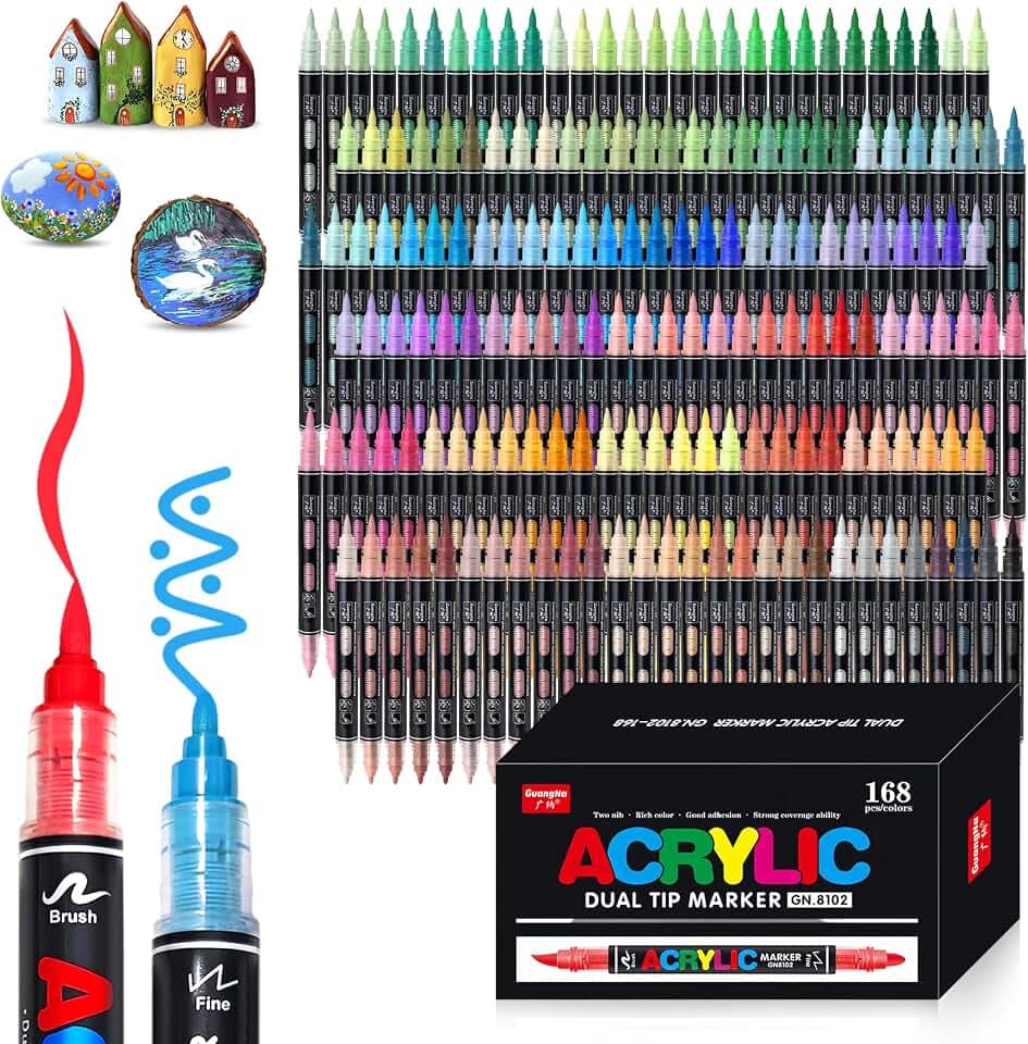Vakki 168 Farben Acrylstifte für steine wasserfest, Doppelspitze Acrylmarker, Acrylic marker Acrylmarker Set Perfekt für Steine Bemalen, Glas, Holz, Keramik, Metall & Leinwand