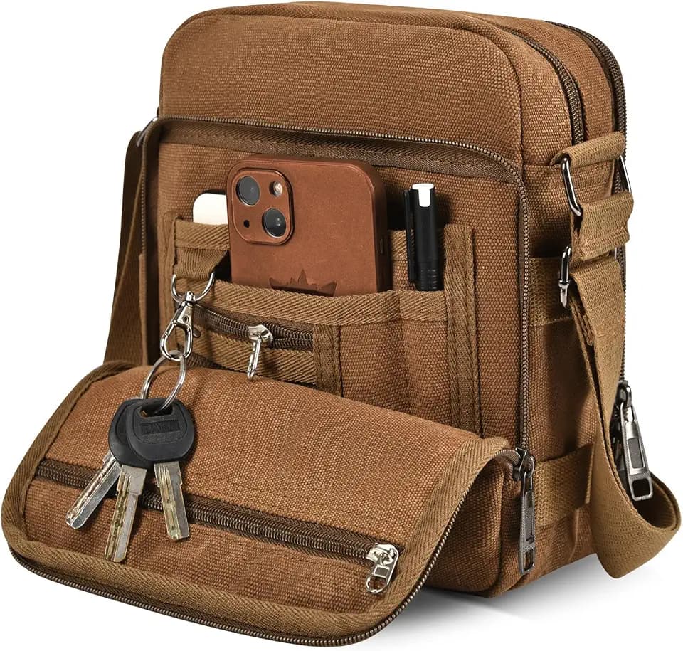 CAAORDKSO Small Messenger Bag for Men Women, Vintage Canvas Messenger Shoulder Bag Travel Crossbody Bag Multi Pocket Purses