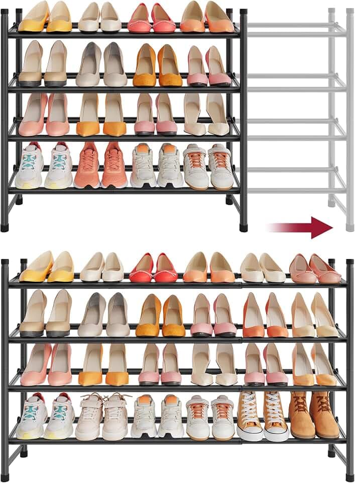 Tajsoon Expandable Shoe Rack for Closet 4 Tier, 28“-41“Stackable, Black