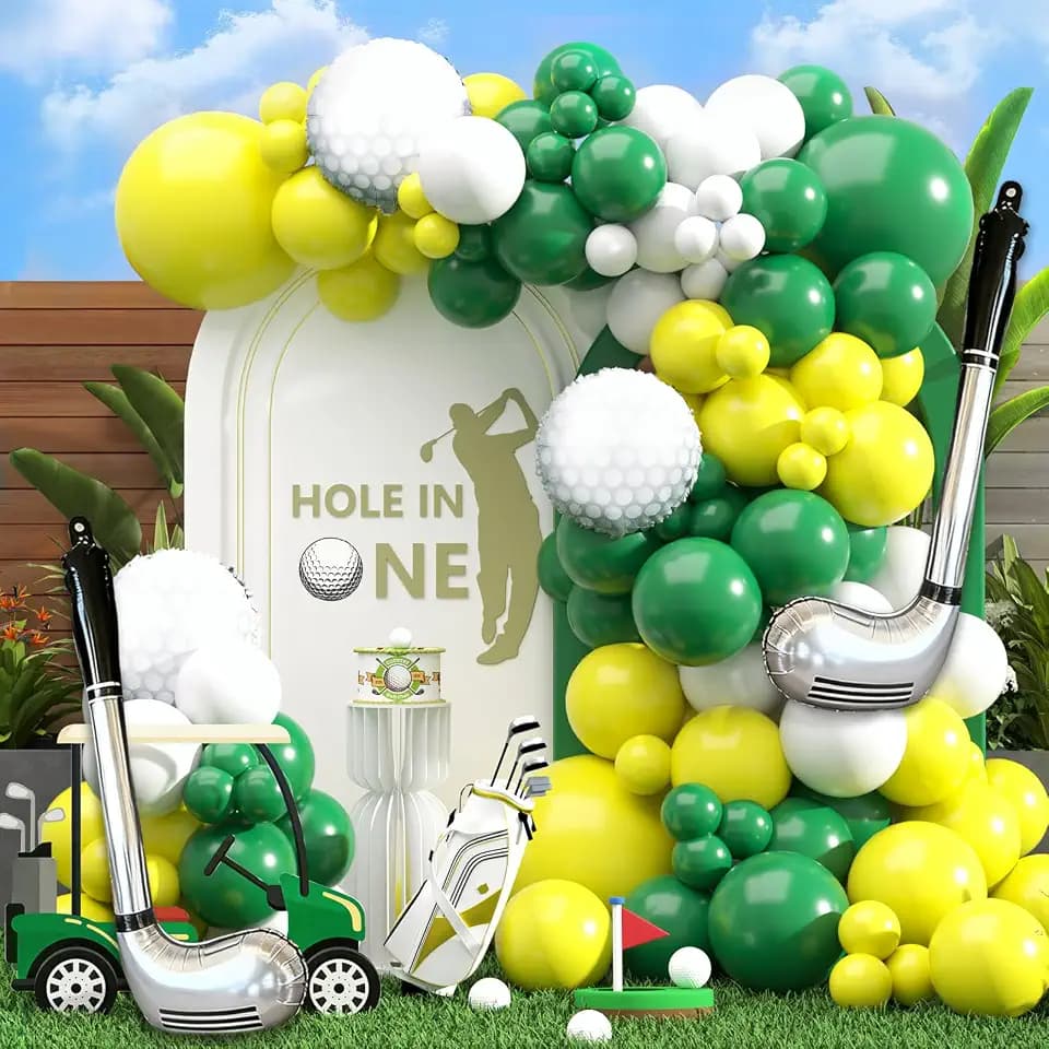 Hole in One Balloon Garland Arch Kit - 139 Yellow Green White Latex Balloons with Golf Cart and Ball Foil Balloons for Hole in One First Birthday Golf-Themed Retirement Party Decoration