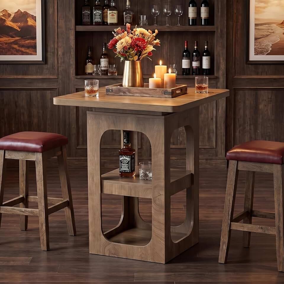 LITTLE TREE 31.5" Square Bar Table with 3-Tier Storage Shelves